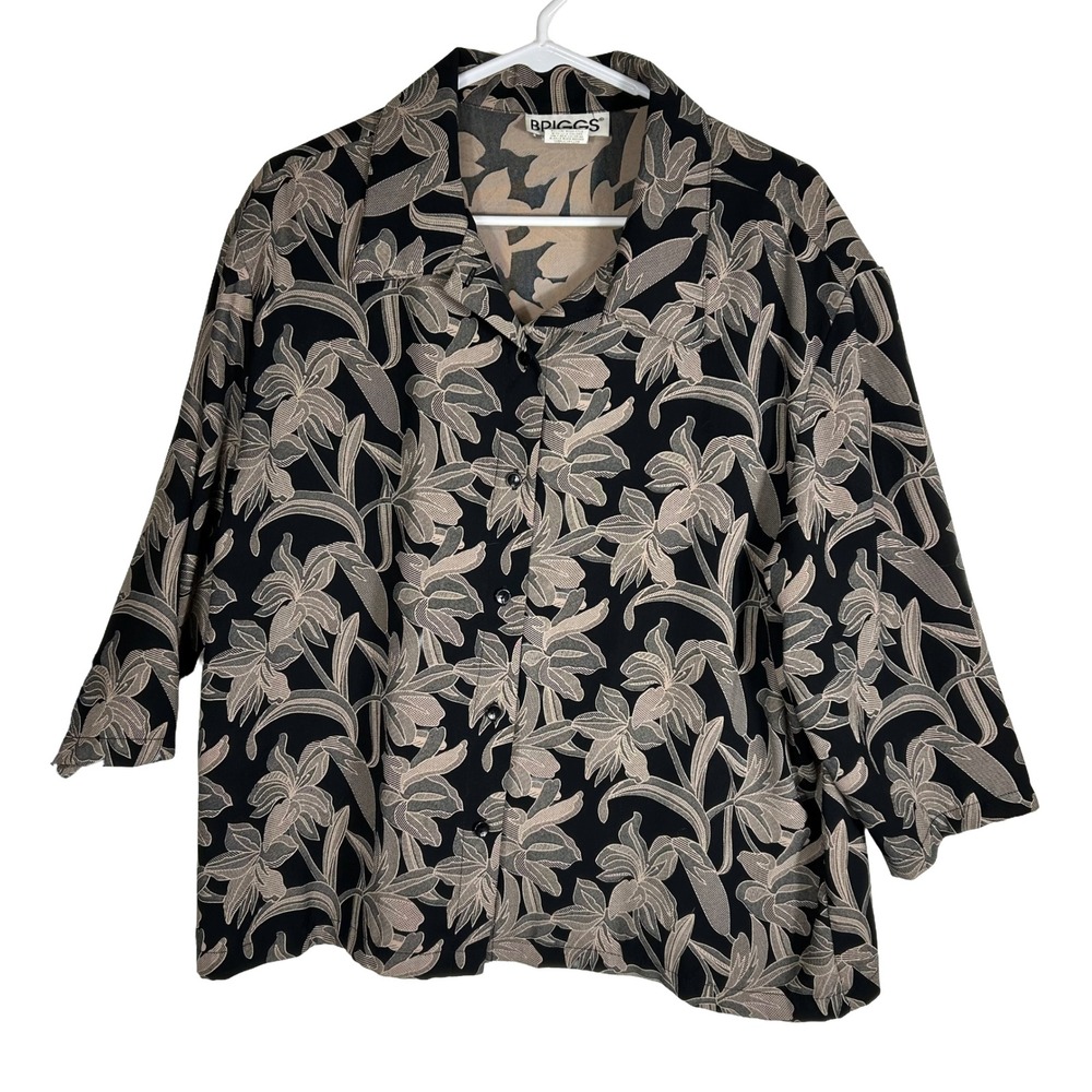 VTG Briggs Womens XL Floral Button Up Shirt Black Tan Tropical 3/4 Sleeve Blouse